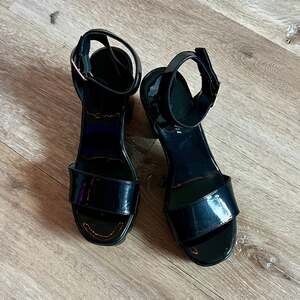 Black Patent Leather Block Heel Ankle Strap Sandals